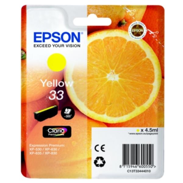 Bilde: Epson Epson 33 Blekkpatron gul, 300 sider T3344 Tilsvarer: N/A