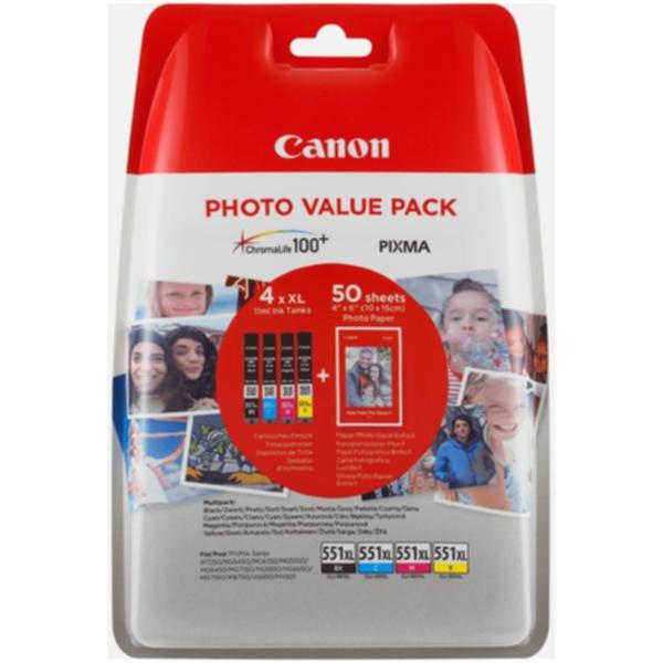 Bilde: Canon Multipack CLI-551XL (BK/C/M/Y) + PP-201 A6 (50-sider) 6443B006 Tilsvarer: N/A